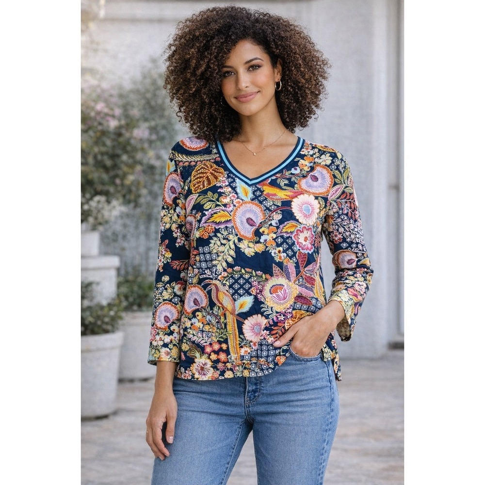 Johnny Was Janie Floral V-Neck Top Boho Stretch Size M Colorful